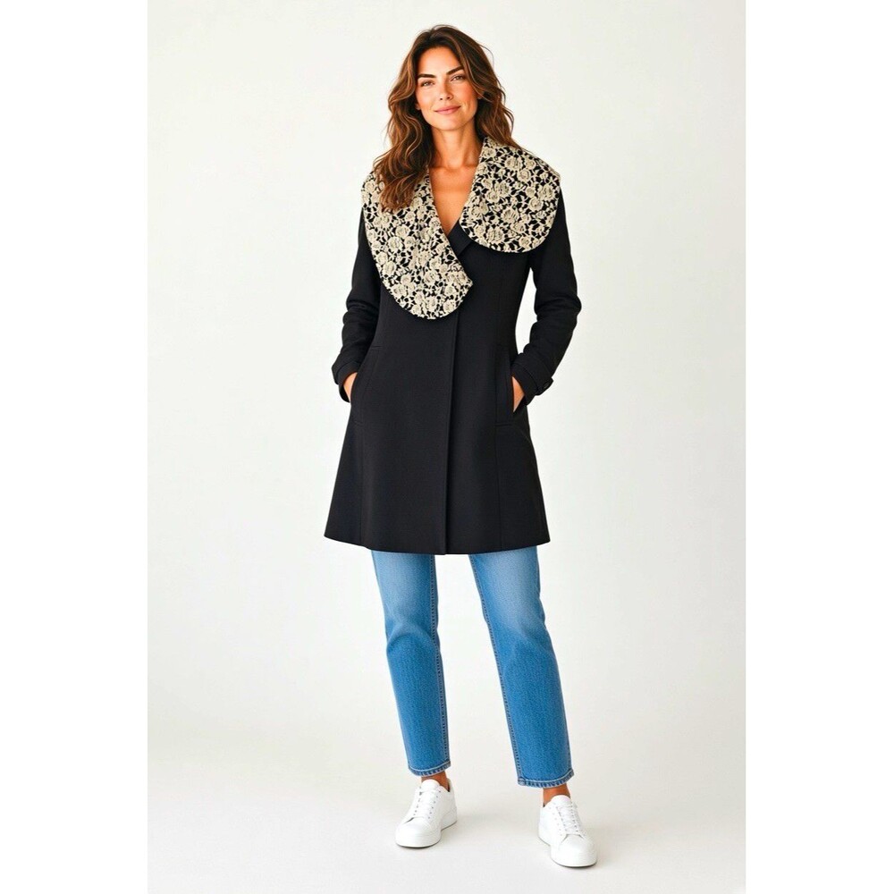 RYU by Anthropologie Black Floral Statement Collar Coat Women’s M Missing Belt